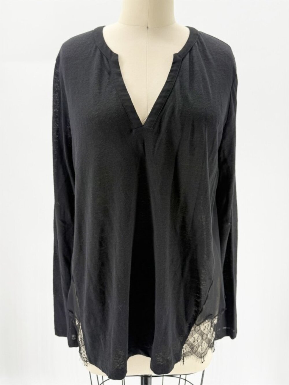 Sandro Paris Black Silk Lace Panel Blouse Small Long Sleeve Pleated Back